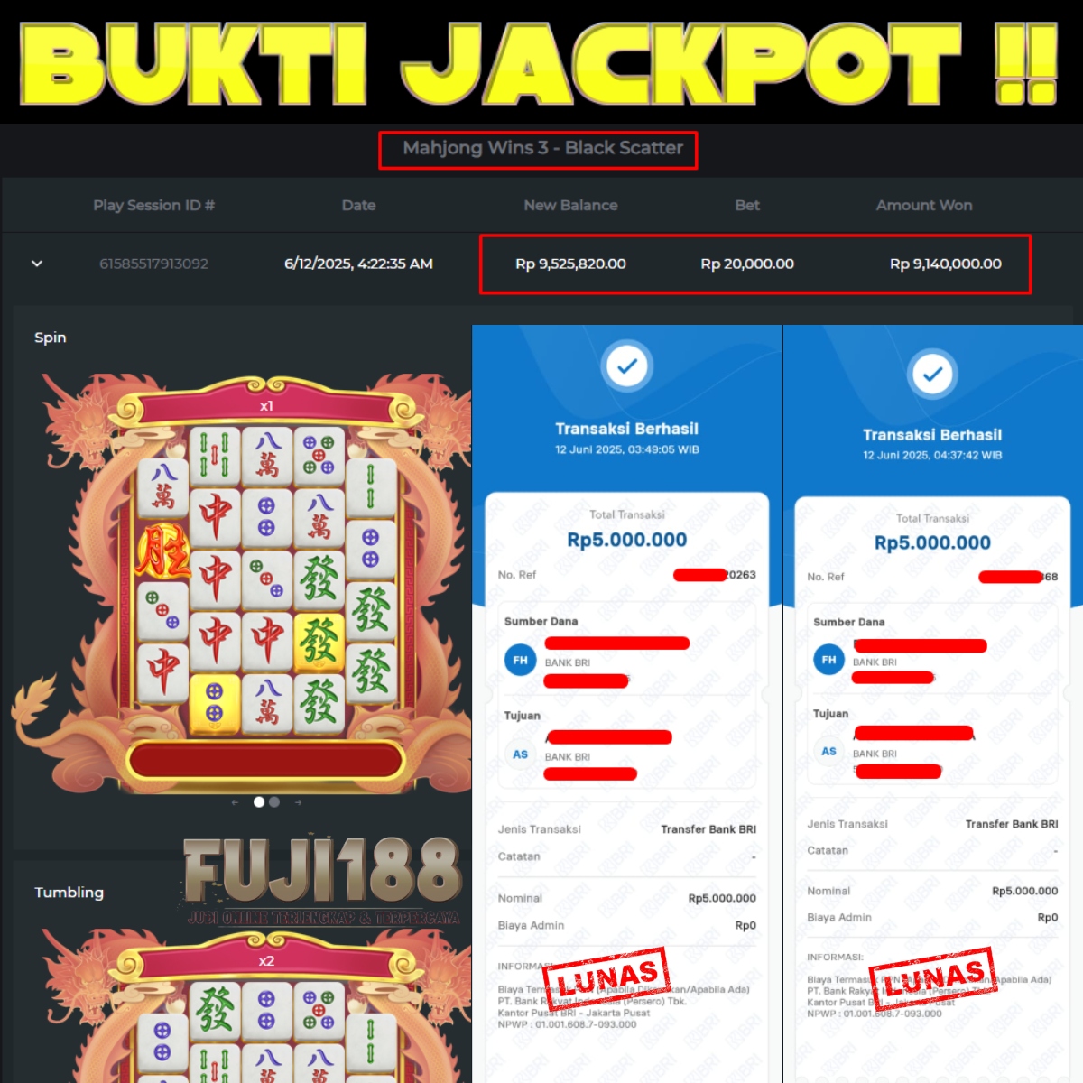 Bukti kemenangan Mahjong Wins 3 – Black Scatter – PRAGMATIC PLAY