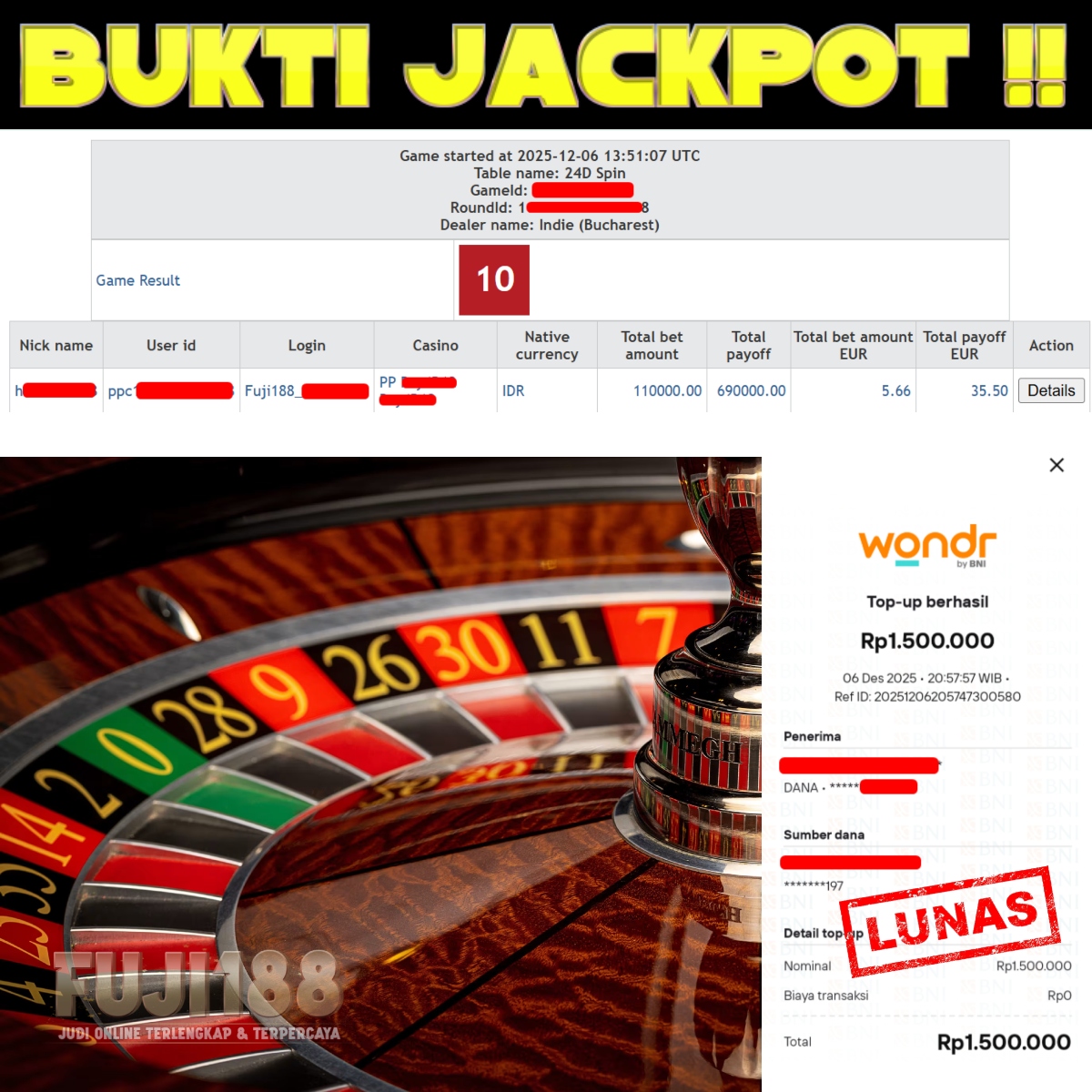 Bukti Kemenangan Roulette – LIVE PP
